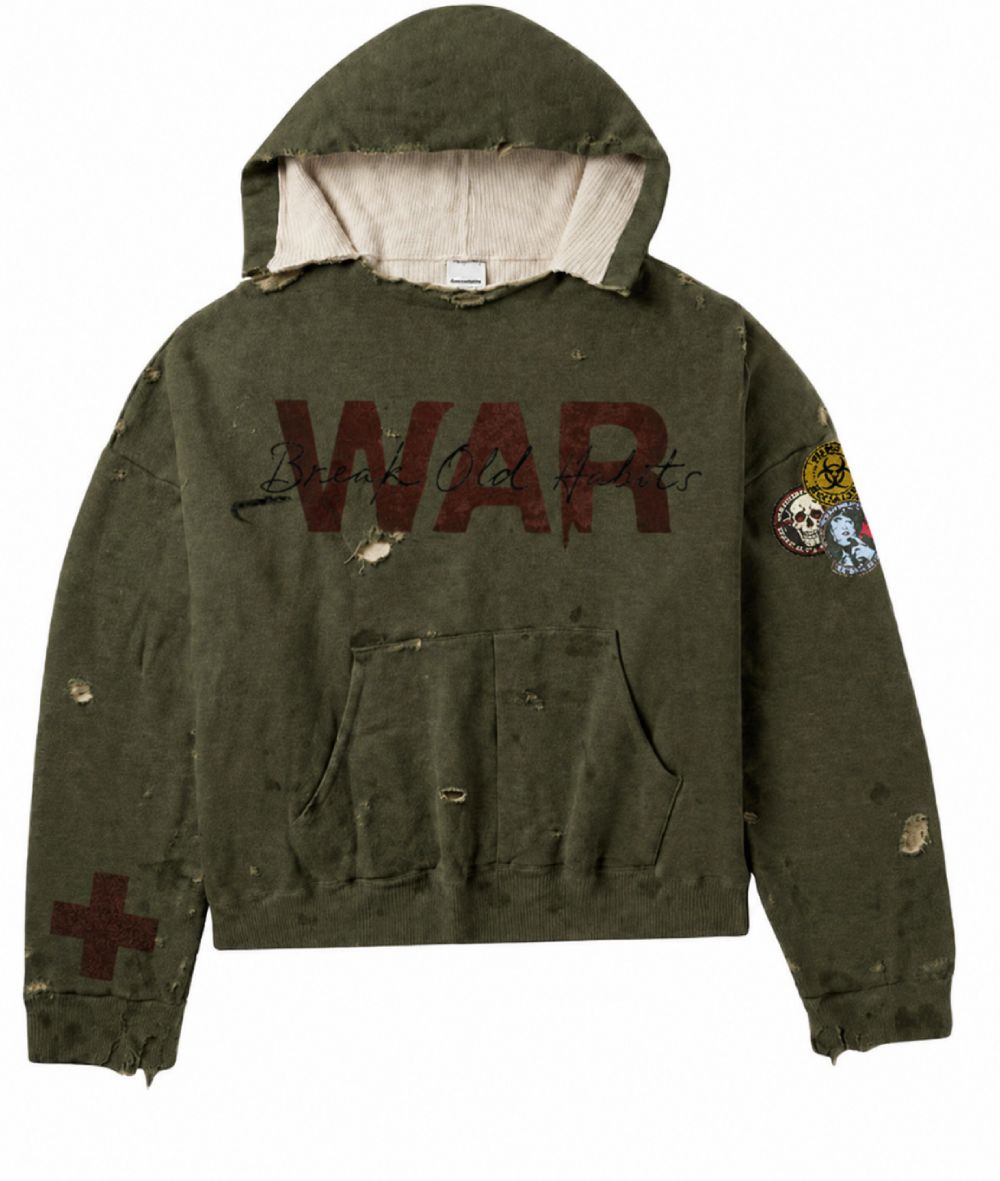 Warfare Hoodie: olive acid-wash distressed hoodie with WAR Break Old Habits print, front