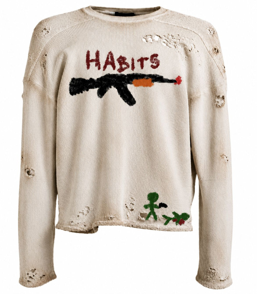 
War Crime Thermal: cream distressed waffle-knit thermal with HABITS rifle graphic, front